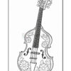 A decorated violin with floral patterns and f-holes, featuring a multi-string neck and tuners at the top, outlined in black for coloring.