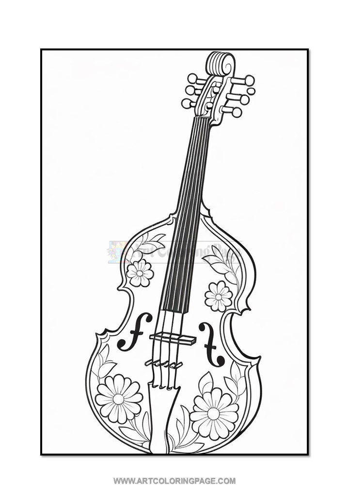 A decorated violin with floral patterns and f-holes, featuring a multi-string neck and tuners at the top, outlined in black for coloring.