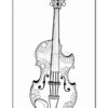 A black and white coloring page illustration of a violin decorated with flower patterns, showing its body and neck in detail against a plain background.