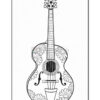 A black and white illustration of a guitar decorated with floral patterns, featuring daisies on its body and a simple design on the neck and headstock, set against a plain white background.