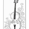 A decorative outline illustration of a violin surrounded by various floral designs, featuring leaves and flowers in a whimsical style.