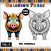 Mandala coloring pages featuring colorful pig designs, from the Mandala coloring book by artcoloringpage.com, with intricate patterns.