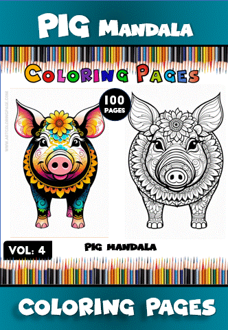 Mandala coloring pages featuring colorful pig designs, from the Mandala coloring book by artcoloringpage.com, with intricate patterns.