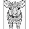 A detailed black and white illustration of a pig adorned with intricate floral patterns, featuring large expressive eyes and a decorative flower on its head, set against a plain background.