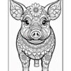 A detailed black and white illustration of a pig adorned with various floral and ornamental patterns, featuring large ears and a friendly expression.