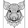 A black and white line drawing of a stylized pig's face, featuring intricate floral patterns, large eyes, and detailed ears. The design incorporates various ornamental elements surrounding the pig, emphasizing a decorative and artistic style.