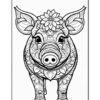 A detailed black and white illustration of a pig adorned with intricate floral patterns and a lotus flower on its head, facing forward and set against a plain background.