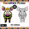 Coloring page featuring a pig mandala design, showcasing both a colored and black-and-white version, from a mandala coloring book.