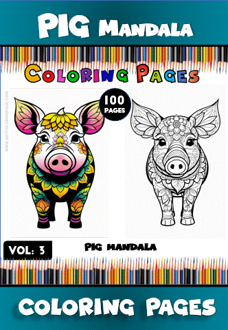 Coloring page featuring a pig mandala design, showcasing both a colored and black-and-white version, from a mandala coloring book.