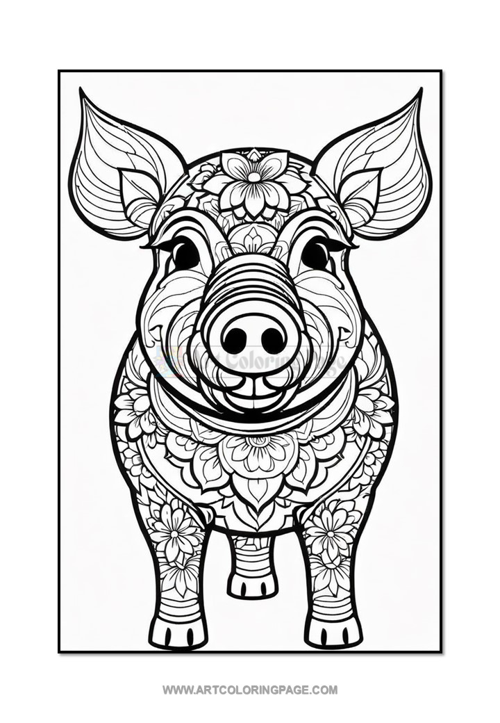 A detailed black and white illustration of a pig adorned with intricate floral designs and patterns, standing upright with a cheerful expression and large ears.