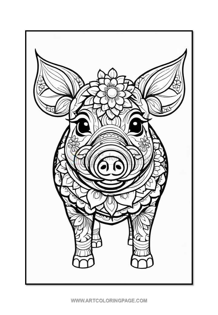 A detailed black and white illustration of a pig adorned with intricate floral patterns, featuring a large flower on its forehead and decorative elements in its ears and body.