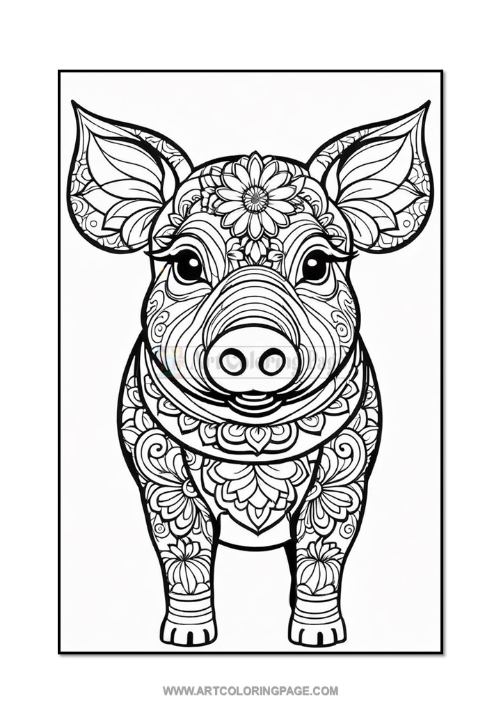 A detailed line art illustration of a pig adorned with intricate floral patterns, facing forward with prominent ears and big eyes.