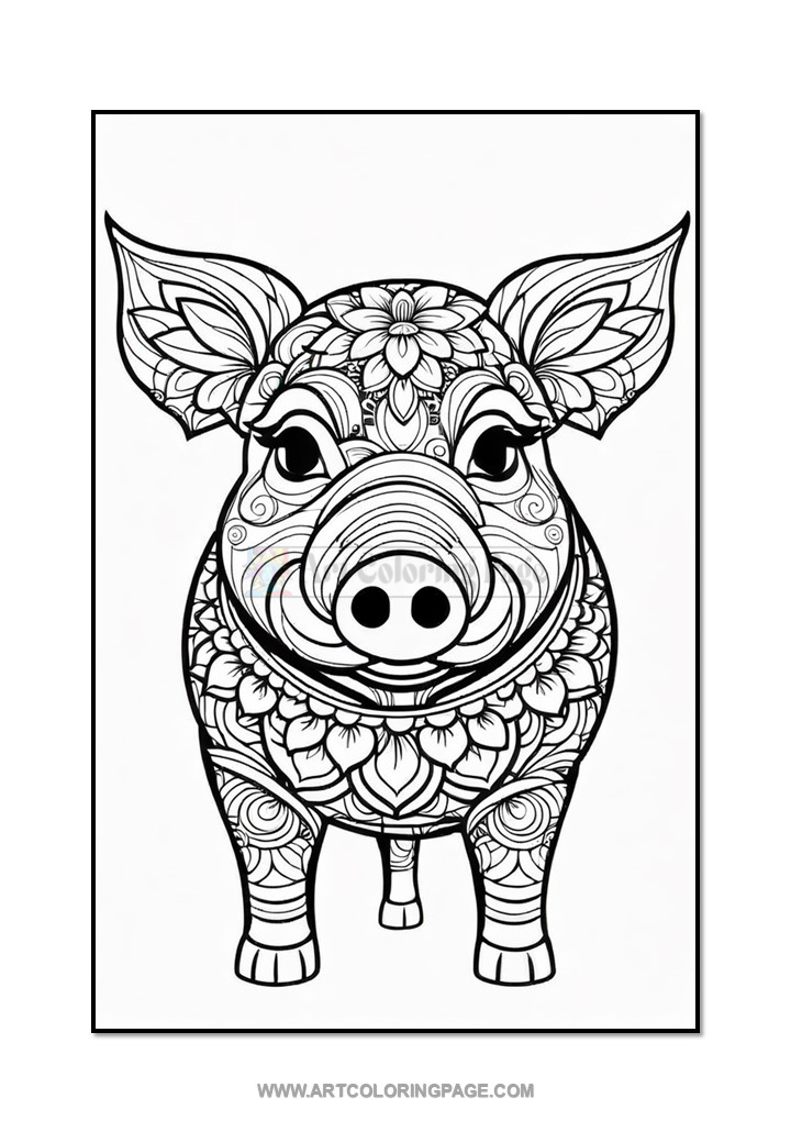 A detailed black and white illustration of a pig adorned with intricate floral patterns, featuring large ears and a prominent snout, positioned frontally against a plain background.