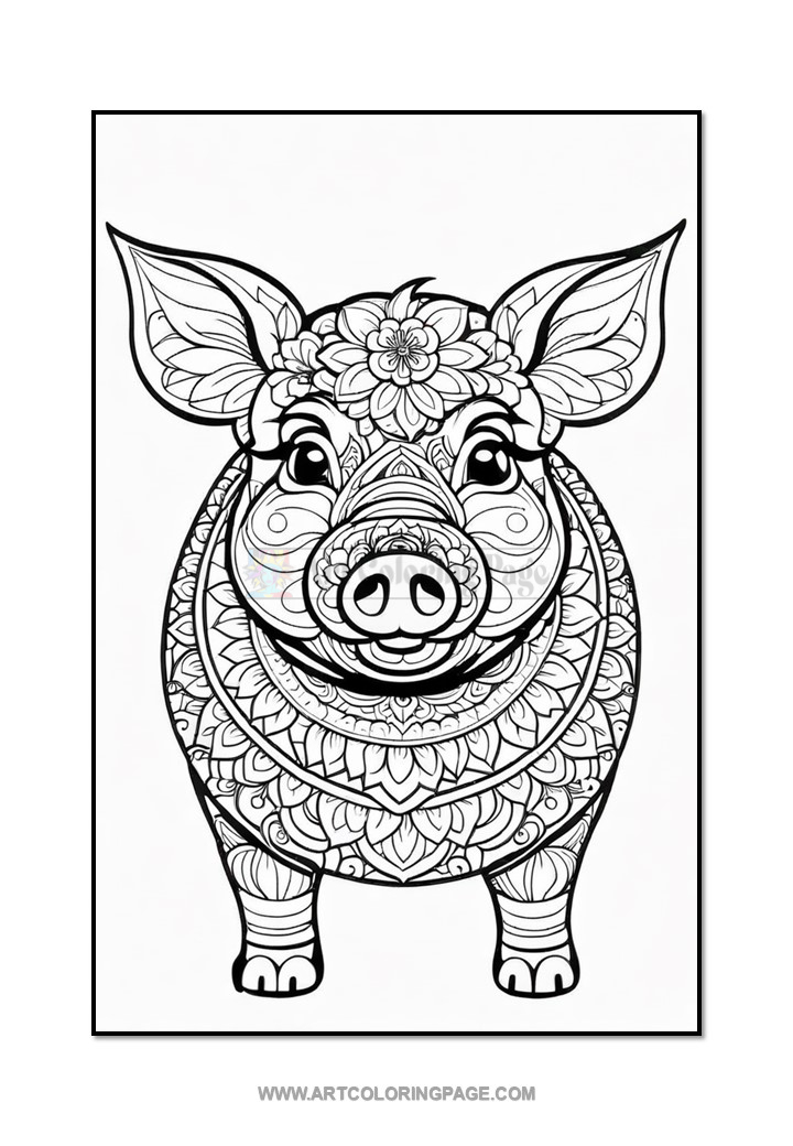 A black and white line art illustration of a pig, featuring intricate mandala patterns and floral designs on its face and body, with its ears raised and a friendly expression.