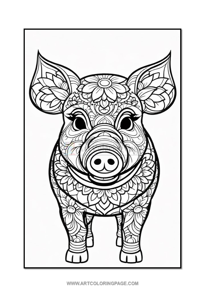 A detailed black and white illustration of a pig decorated with floral patterns, featuring large ears, expressive eyes, and a prominent snout, set against a plain background.