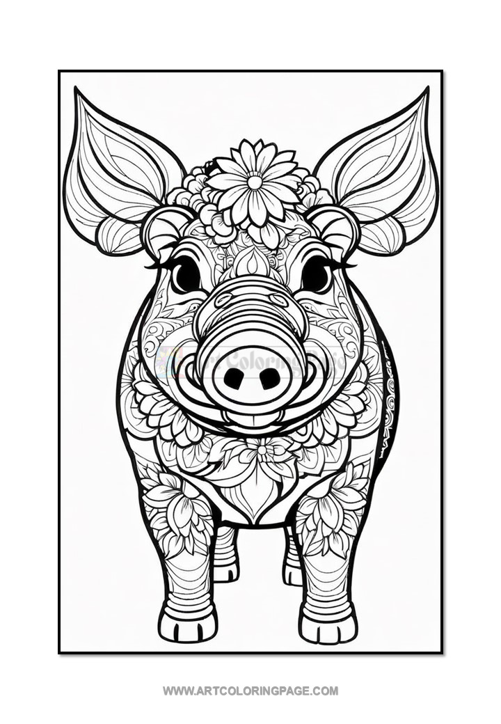 A detailed black and white illustration of a decorative pig, adorned with floral patterns and intricate designs, standing front-facing against a plain background.