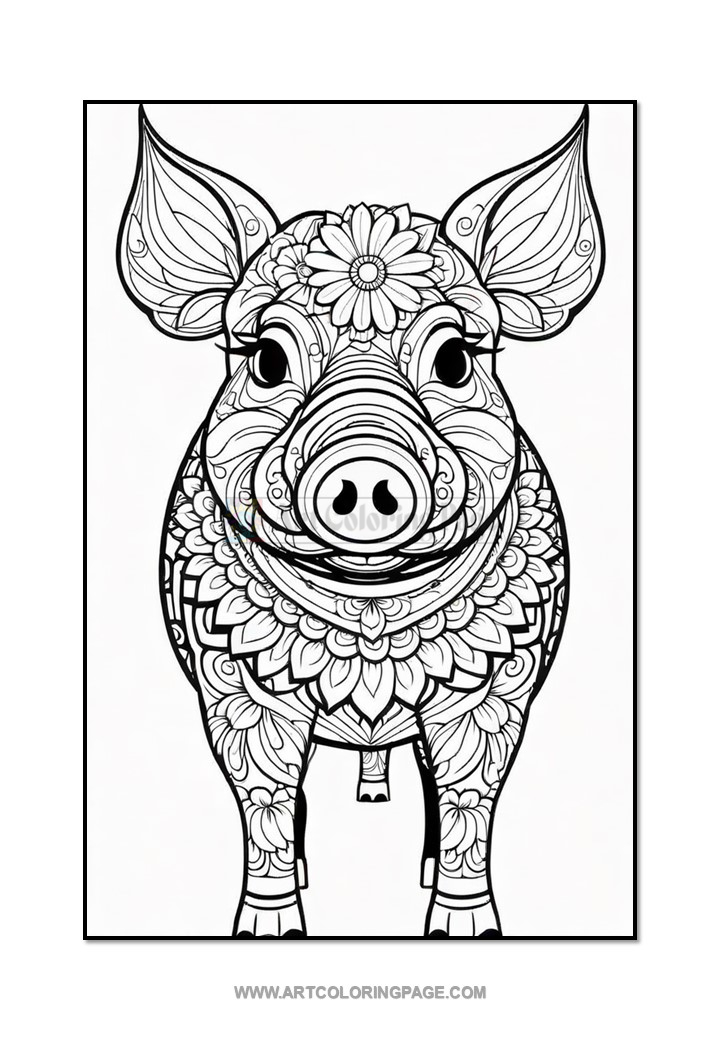 A black and white line drawing of a pig, adorned with intricate floral patterns and designs, facing forward with large, expressive eyes and a smile.
