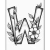 A decorative letter 'W' adorned with stylized leaves and a flower, outlined in black against a white background.