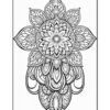 A detailed black and white mandala design featuring a central circular flower surrounded by layered petals and intricate patterns, suitable for coloring.