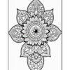 A detailed black and white mandala-style coloring page featuring a symmetrical floral design with intricate patterns and layered petals, radiating from a central circular motif.