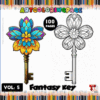Coloring page featuring a decorative fantasy key with a colorful floral design on one side and a black-and-white version on the other. Ideal for artcoloringpage.com coloring book.