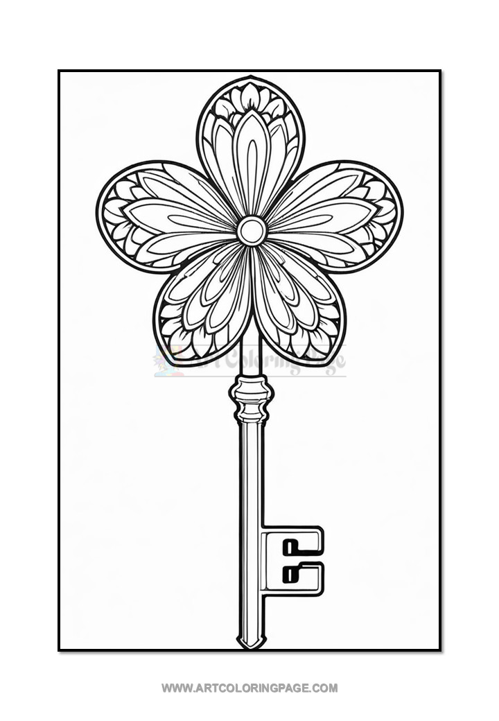A key designed with a floral motif, featuring a flower shape at the top with five petal-like forms and a long shaft leading to a traditional key base.
