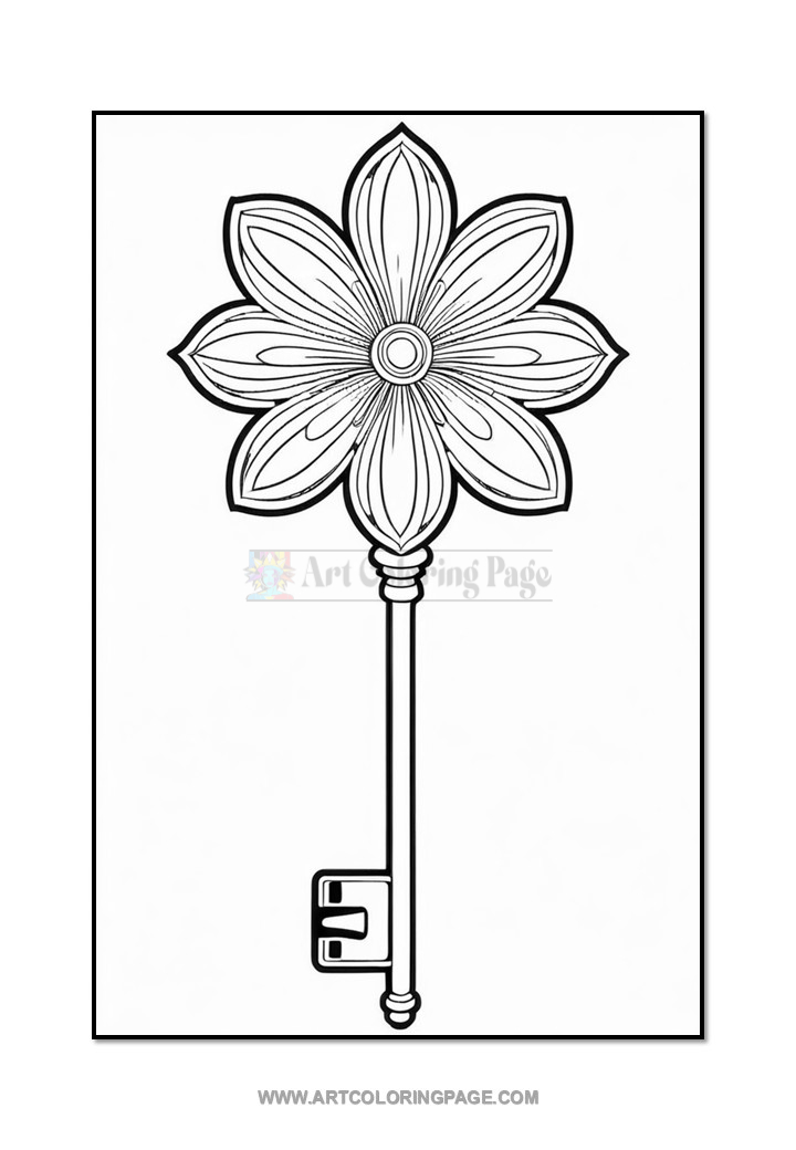 A decorative key shaped like a flower, featuring a detailed floral design at the top and a traditional key shaft with a simple grip and notches for unlocking.