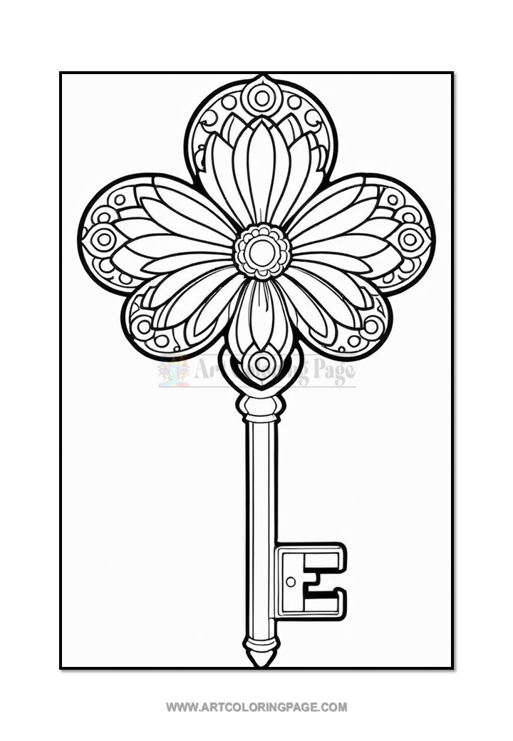 A black and white coloring page featuring a decorative key shaped like a flower, with intricate petal designs and a circular head, extending into a traditional key shaft.