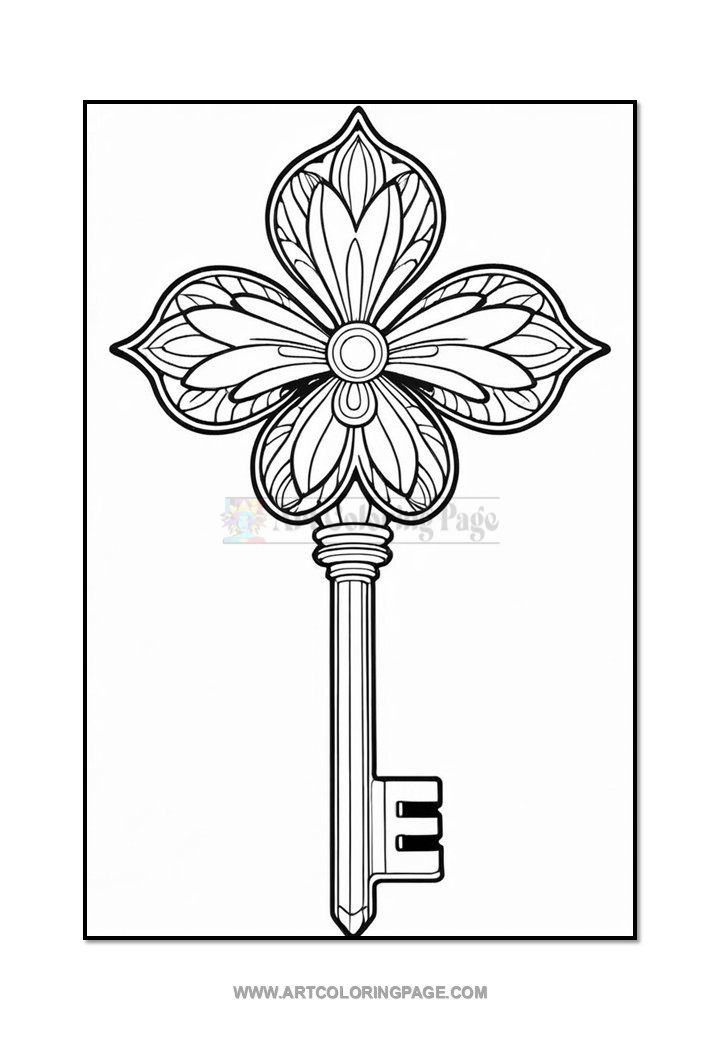 An intricately designed coloring page featuring a key with a floral head, consisting of petal-like shapes and a round center, attached to a long, straight shaft.