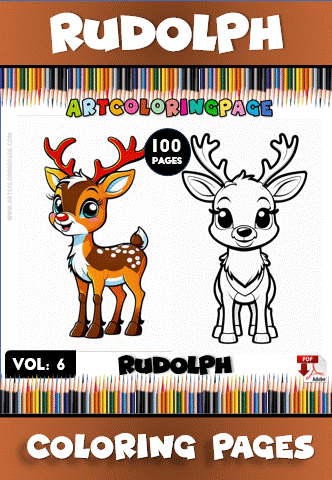Rudolph coloring pages featuring a cute reindeer in color and a black-and-white outline, perfect for cozy coloring book themes. Visit artcoloringpage.com for more cozy coloring pages.