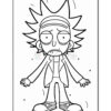A cartoon character with spiky hair and a distressed expression, wearing a jacket and casual shoes, standing with arms outstretched in a coloring book illustration.