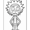 A black and white line drawing of a cartoon character with spiky hair, large eyes, and an expressive face, wearing a lab coat and standing with hands on hips.