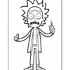 A cartoon character with wild spiky hair, wide eyes, and an open mouth showing an expression of shock or panic. The character is wearing a lab coat over a simple shirt and pants, holding a small device in one hand and giving a thumbs-up with the other.