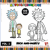 Coloring page featuring Rick and Morty characters with the text 