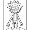A black and white outline drawing of a cartoon character with spiky hair, wide eyes and an open-mouthed expression, standing on a planet with a slick surface.