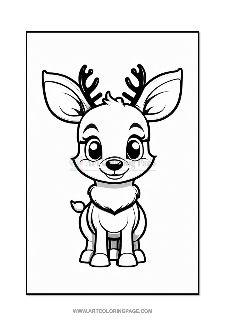 A cartoon-style illustration of a cute deer with large expressive eyes, short antlers, and a fluffy tail, standing upright in a cheerful pose against a blank background.