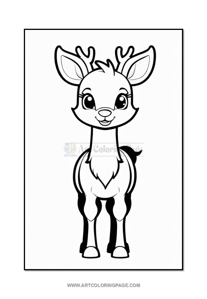 A cartoon-style illustration of a deer with large expressive eyes, small antlers, and a cheerful smile, standing upright with a fluffy tail and hooves, outlined for coloring.