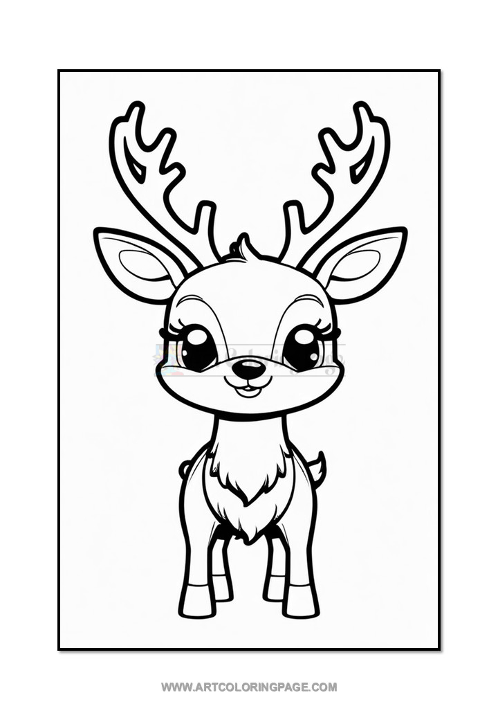 A cute, cartoon-style deer with large antlers and big expressive eyes, standing upright with a friendly smile, outlined for coloring.