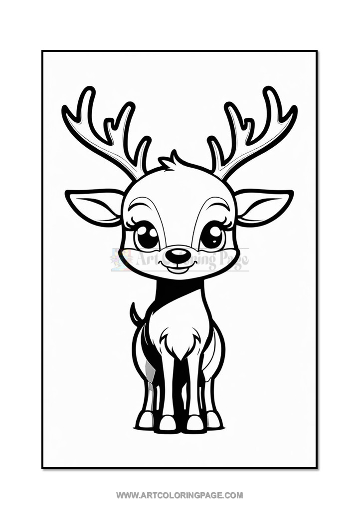 A cute, cartoon-style deer with large eyes and prominent antlers, standing upright against a plain white background. The deer has a smiling expression, small hooves, and a fluffy tail, with black outlines suggesting it is designed for coloring.