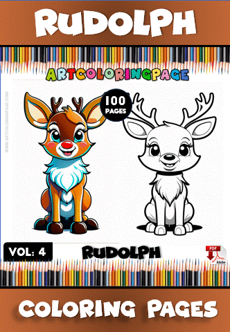Rudolph coloring pages from artcoloringpage.com, featuring a cozy coloring book design with a colorful and black-and-white deer illustration.