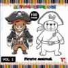 A pirate animal coloring page featuring a dog and a seal in pirate attire, promoting the cozy coloring book from artcoloringpage.com.