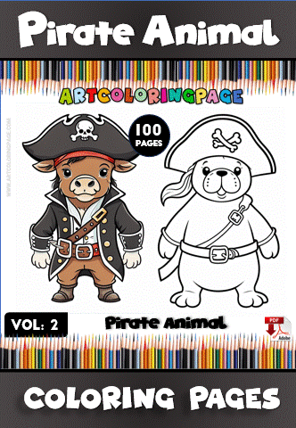 A pirate animal coloring page featuring a dog and a seal in pirate attire, promoting the cozy coloring book from artcoloringpage.com.