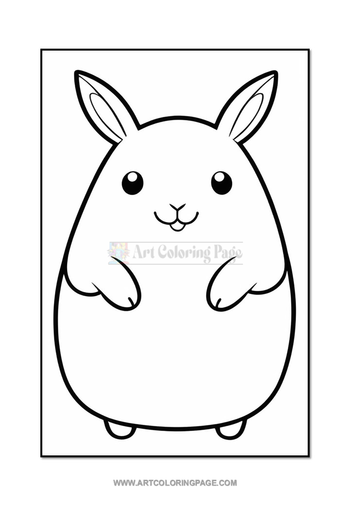 A cartoon-style illustration of a chubby bunny standing upright, with large ears, round body, and a cheerful expression, outlined for coloring.