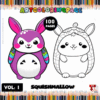 Coloring page featuring a cute Squishmallow character with a bunny design, promoting artcoloringpage.com and cozy coloring book theme.
