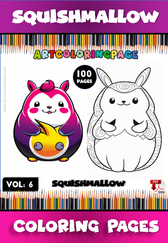 Squishmallow coloring page from artcoloringpage.com featuring a cute character design, alongside a black and white version for coloring.