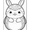 A cute, cartoon-style rabbit with large ears, a rounded body, and a whimsical patterned design on its ears and back. The rabbit is smiling with its paws held up, surrounded by a decorative border.