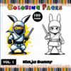 Ninja Bunny coloring pages featuring colorful and black-and-white designs; part of a free coloring book available at artcoloringpage.com.