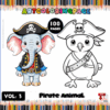 A colorful illustration featuring a pirate-themed elephant and bird, promoting a cozy coloring book with 100 pages from artcoloringpage.com.