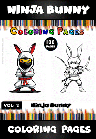 Ninja Bunny coloring pages featuring a colorful character in a ninja outfit and a black-and-white version ready for coloring.