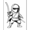 A cartoon ninja character stands in a posed stance, wielding a sword in one hand and having a smaller weapon in the other. The ninja wears a hooded outfit with a mask covering the lower face and has distinct, stylized features, including sunglasses. The design is outlined in black and is meant for coloring.